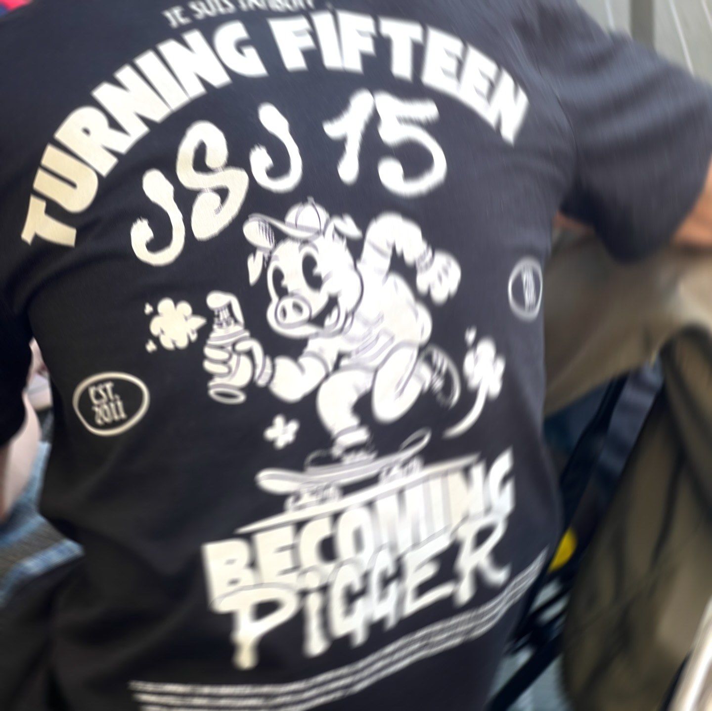 La maglietta Turning Fifteen, Becoming Pigger con il maiale sullo skateboard