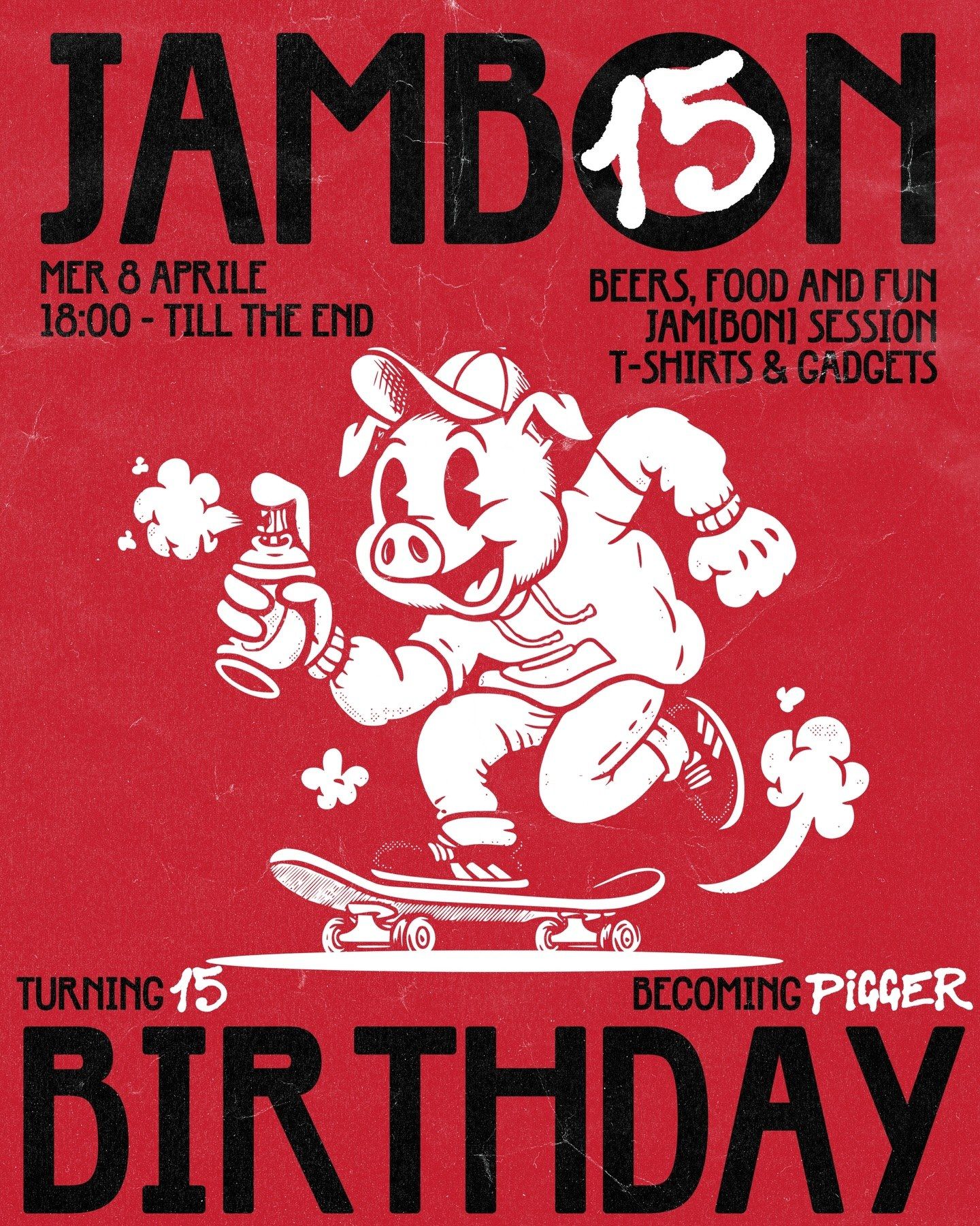 Poster rosso della festa Jambon 15 con il maiale sullo skateboard