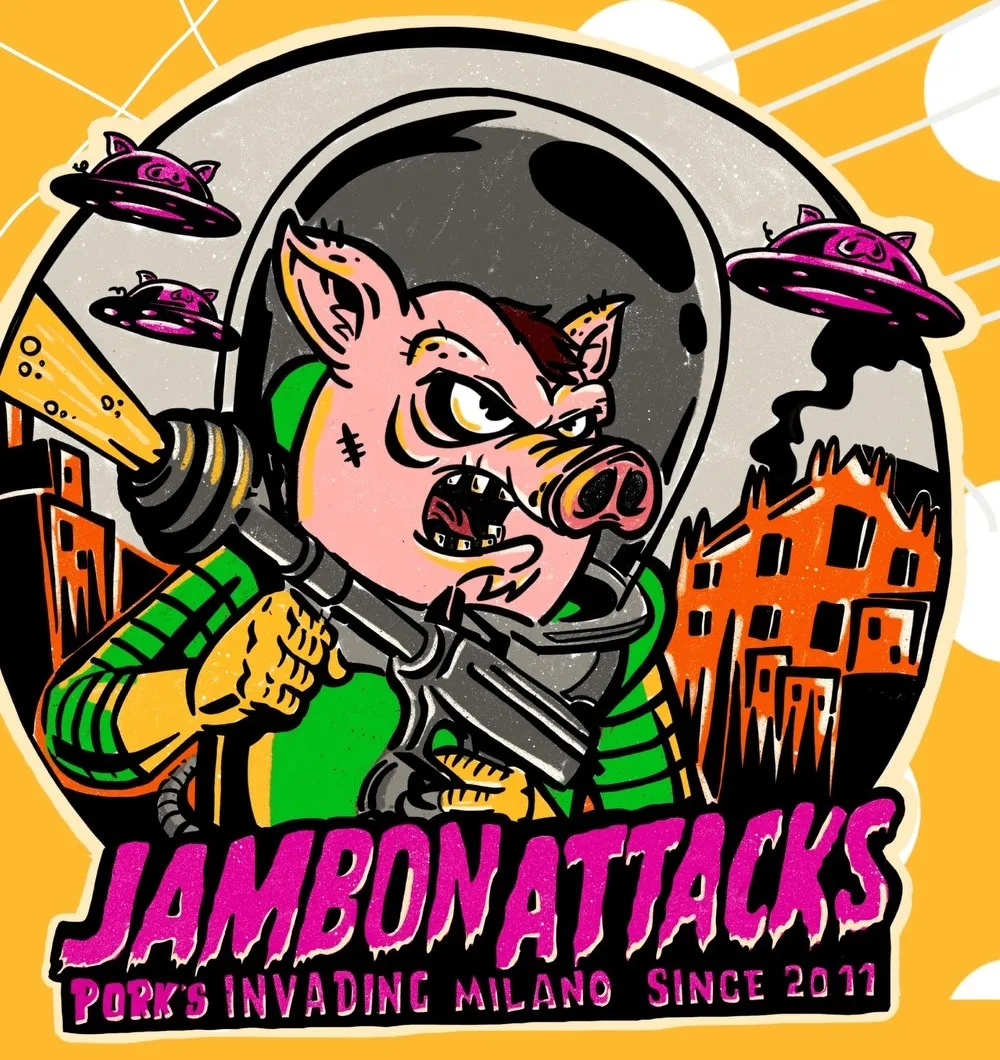 Etichetta della Jambon Attacks: un maiale astronauta tra gli UFO